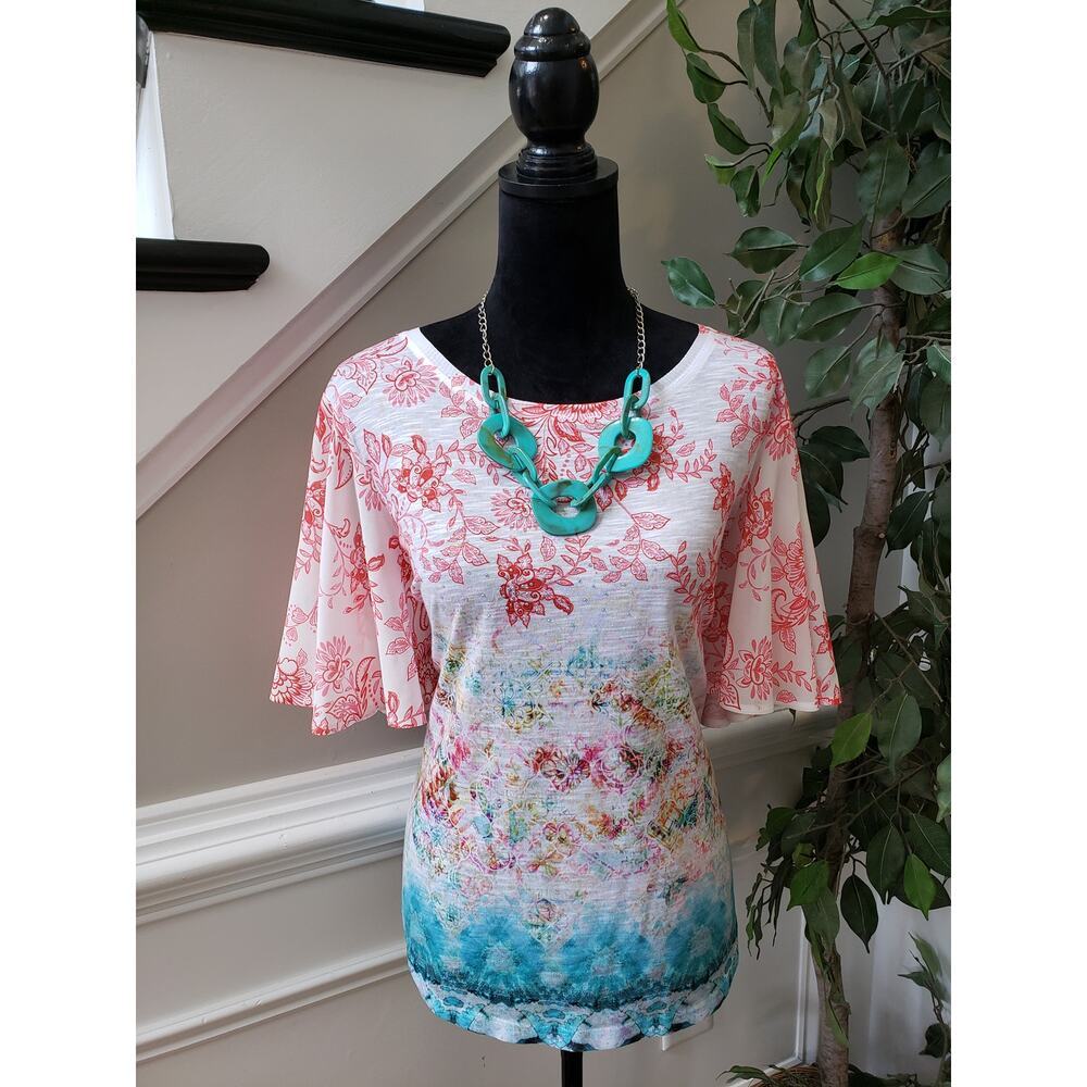 Concepts Top Women's X-Large White Pink Aqua Floral Print Flutter Sleeves
